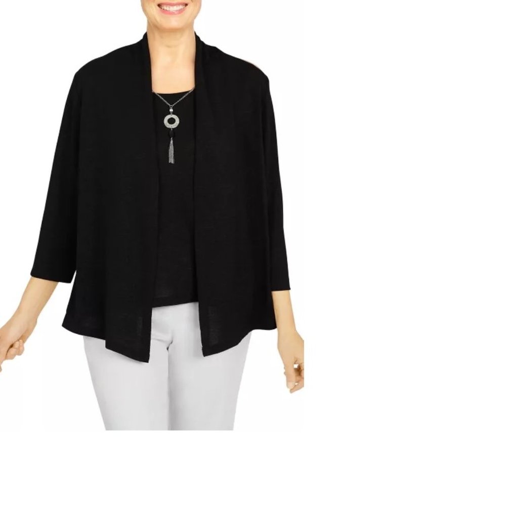 Alfred Dunner Women Top Classics Grid Embedded 2Fer Sweater with Necklace NWT
